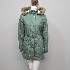GAP Parka Winter Coat Small Army Green Sherpa Lined Faux Fur Hood Utility Jacket